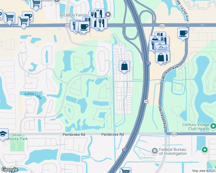 map of restaurants, bars, coffee shops, grocery stores, and more near 1081 Bel Aire Drive East in Pembroke Pines