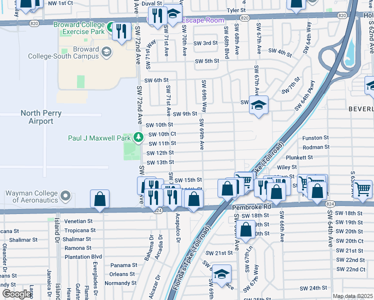 map of restaurants, bars, coffee shops, grocery stores, and more near 6961 Southwest 12th Street in Pembroke Pines