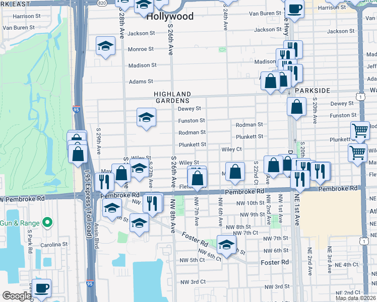 map of restaurants, bars, coffee shops, grocery stores, and more near 30 South 25th Avenue in Hollywood