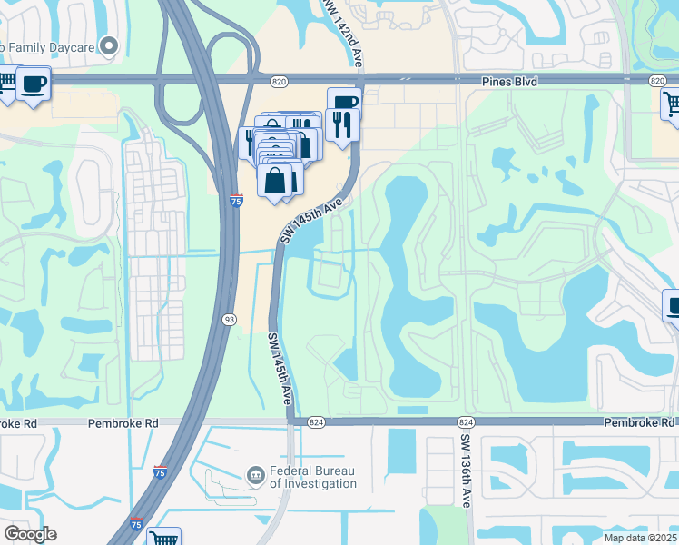 map of restaurants, bars, coffee shops, grocery stores, and more near 2410 Southwest 143rd Avenue in Pembroke Pines