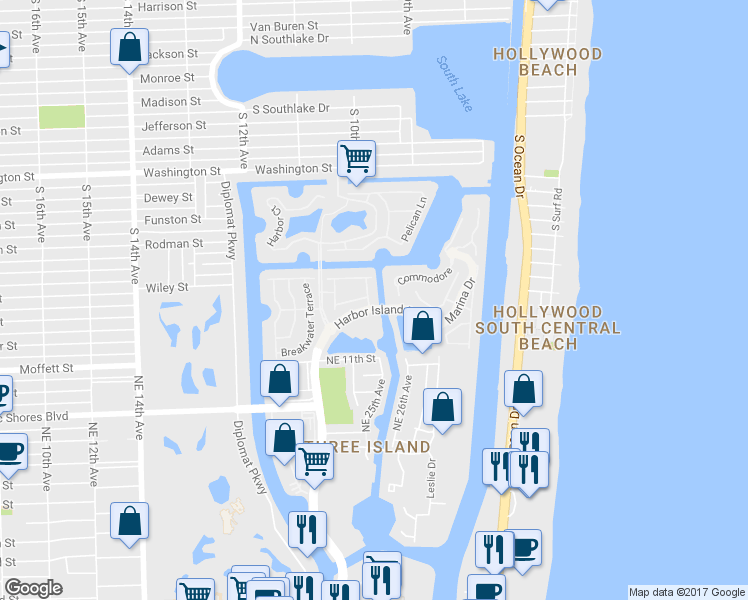 map of restaurants, bars, coffee shops, grocery stores, and more near 1486 Commodore Way in Hollywood