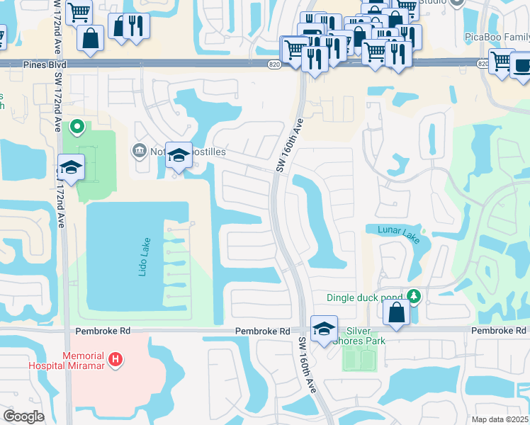 map of restaurants, bars, coffee shops, grocery stores, and more near 824 Southwest 161st Avenue in Pembroke Pines