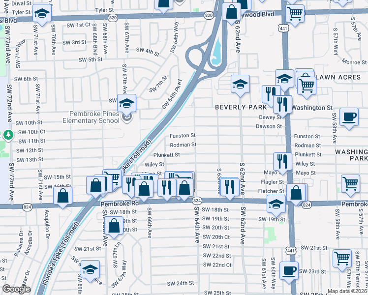 map of restaurants, bars, coffee shops, grocery stores, and more near 6432 Rodman Street in Hollywood