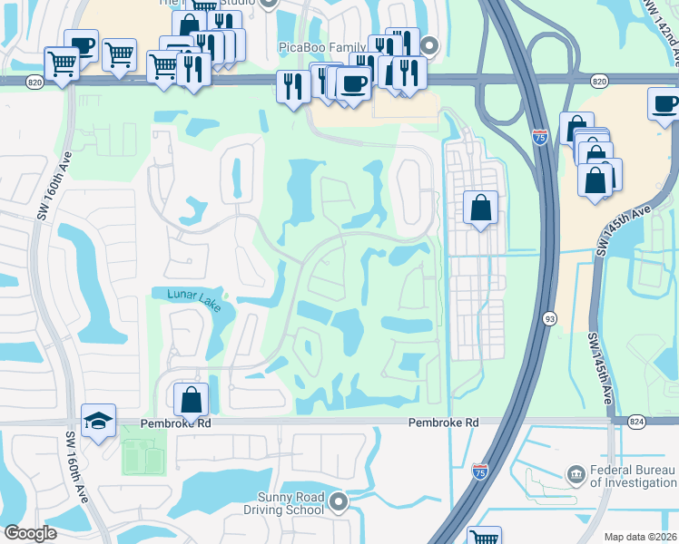 map of restaurants, bars, coffee shops, grocery stores, and more near 1190 Southwest 153rd Terrace in Pembroke Pines
