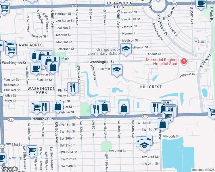 map of restaurants, bars, coffee shops, grocery stores, and more near 4851 Greenway Drive in Hollywood