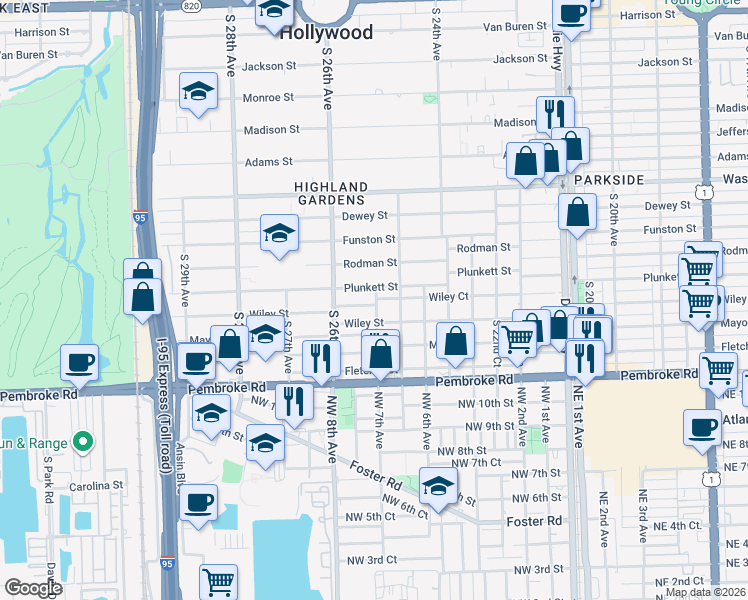 map of restaurants, bars, coffee shops, grocery stores, and more near 30 South 25th Avenue in Hollywood