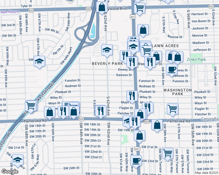 map of restaurants, bars, coffee shops, grocery stores, and more near 6198 Rodman St in Hollywood