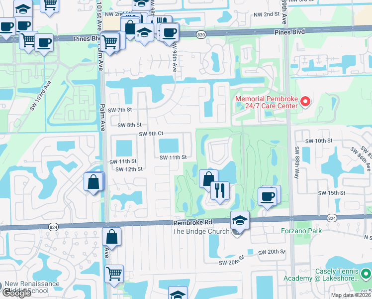 map of restaurants, bars, coffee shops, grocery stores, and more near 1011 Southwest 96th Avenue in Pembroke Pines