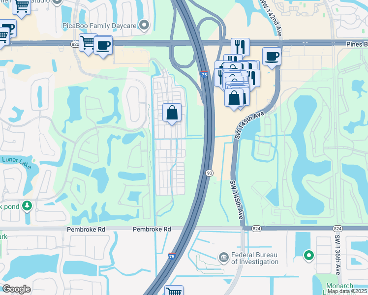 map of restaurants, bars, coffee shops, grocery stores, and more near 1057 Southwest 146th Terrace in Pembroke Pines