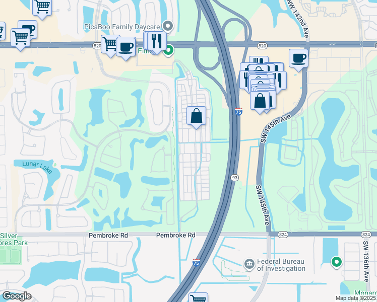 map of restaurants, bars, coffee shops, grocery stores, and more near 14701 Southwest 11th Street in Pembroke Pines