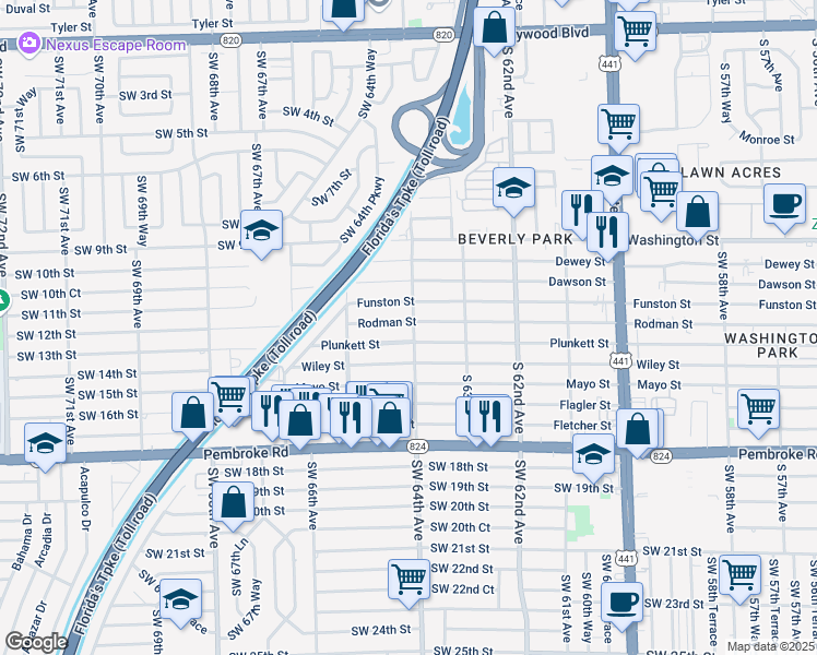 map of restaurants, bars, coffee shops, grocery stores, and more near 6400 Rodman Street in Hollywood