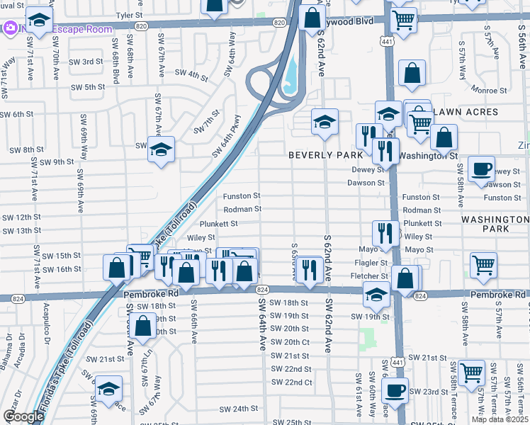 map of restaurants, bars, coffee shops, grocery stores, and more near 6400 Rodman Street in Hollywood