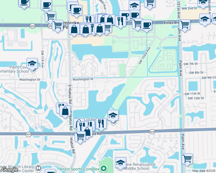map of restaurants, bars, coffee shops, grocery stores, and more near 10650 Washington Street in Pembroke Pines