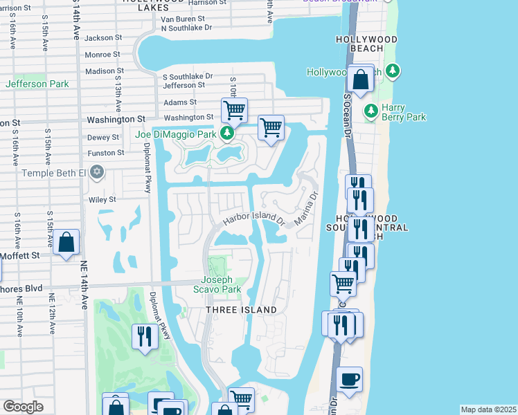 map of restaurants, bars, coffee shops, grocery stores, and more near 1486 Commodore Way in Hollywood