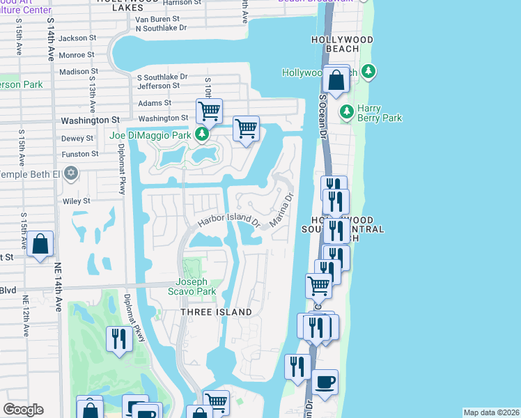 map of restaurants, bars, coffee shops, grocery stores, and more near 894 Spinnaker Drive East in Hollywood