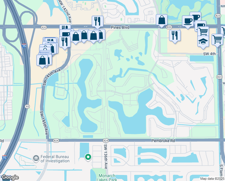 map of restaurants, bars, coffee shops, grocery stores, and more near 13475 Southwest 9th Court in Pembroke Pines