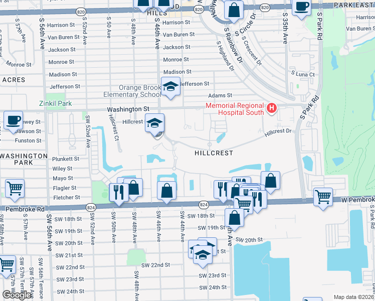 map of restaurants, bars, coffee shops, grocery stores, and more near 4400 Hillcrest Drive in Hollywood