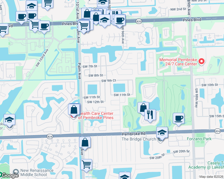 map of restaurants, bars, coffee shops, grocery stores, and more near 1000 Southwest 98th Avenue in Pembroke Pines