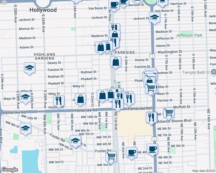 map of restaurants, bars, coffee shops, grocery stores, and more near 2110 Wiley Court in Hollywood