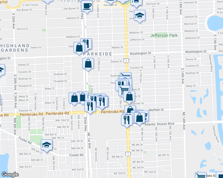 map of restaurants, bars, coffee shops, grocery stores, and more near 1903 Wiley Street in Hollywood