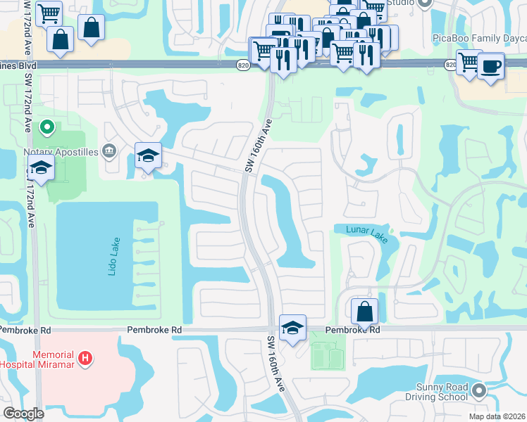 map of restaurants, bars, coffee shops, grocery stores, and more near 746 Southwest 159th Way in Pembroke Pines