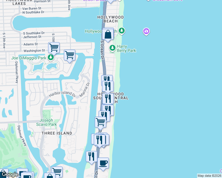 map of restaurants, bars, coffee shops, grocery stores, and more near 2199 South Surf Road in Hollywood