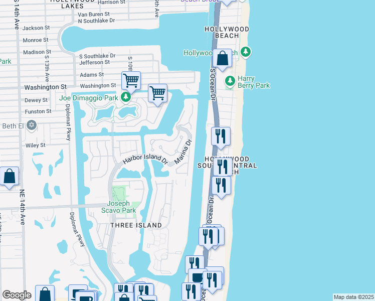 map of restaurants, bars, coffee shops, grocery stores, and more near 846 Spinnaker Drive East in Hollywood