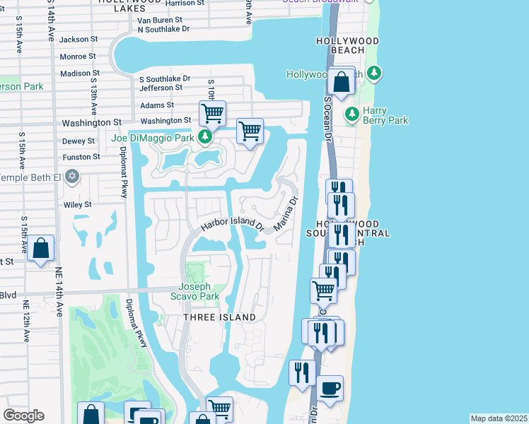 map of restaurants, bars, coffee shops, grocery stores, and more near 894 Spinnaker Drive East in Hollywood