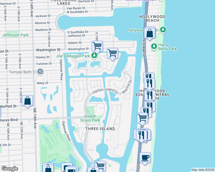 map of restaurants, bars, coffee shops, grocery stores, and more near 1486 Commodore Way in Hollywood