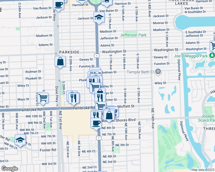 map of restaurants, bars, coffee shops, grocery stores, and more near 1742 Wiley Street in Hollywood