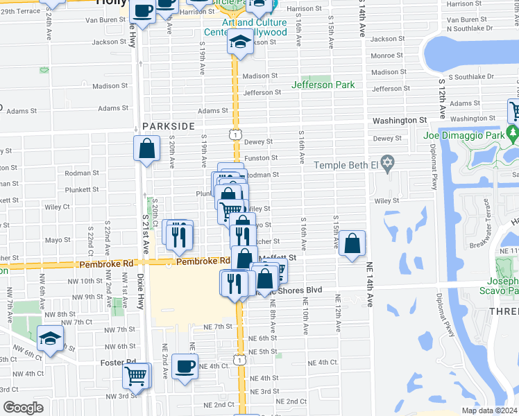 map of restaurants, bars, coffee shops, grocery stores, and more near 1742 Wiley Street in Hollywood