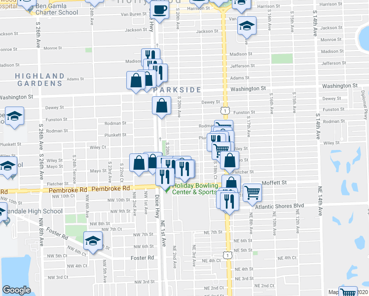 map of restaurants, bars, coffee shops, grocery stores, and more near 1955 Wiley Street in Hollywood