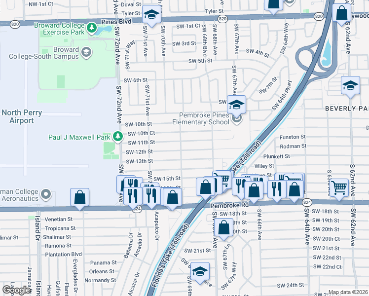 map of restaurants, bars, coffee shops, grocery stores, and more near 6899 Southwest 12th Street in Pembroke Pines