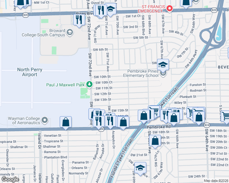map of restaurants, bars, coffee shops, grocery stores, and more near 6961 Southwest 12th Street in Pembroke Pines