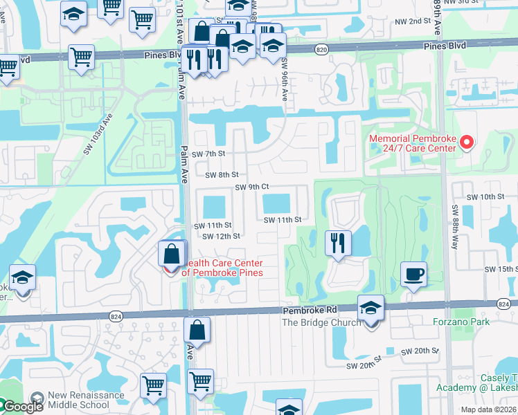 map of restaurants, bars, coffee shops, grocery stores, and more near 1000 Southwest 98th Avenue in Pembroke Pines