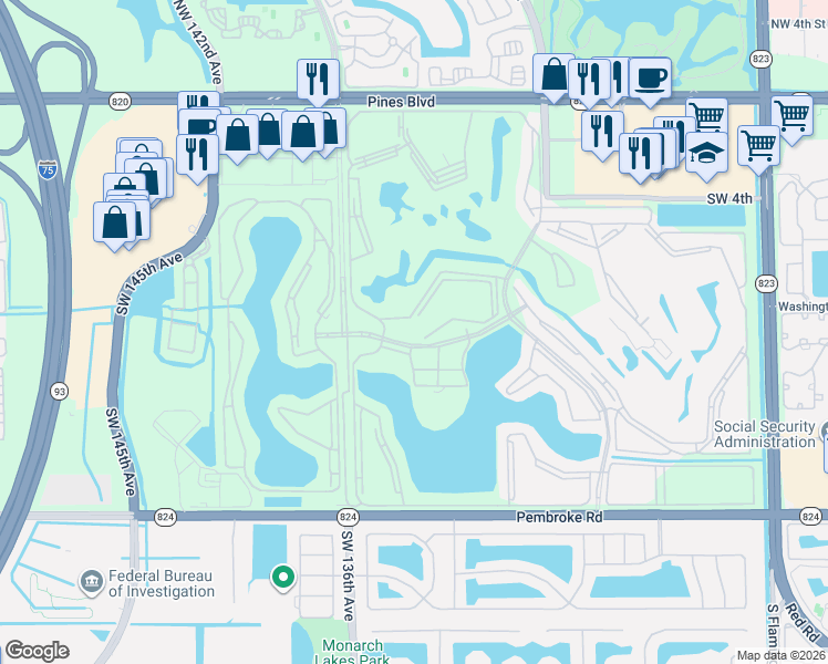 map of restaurants, bars, coffee shops, grocery stores, and more near 13355 Southwest 9th Court in Pembroke Pines