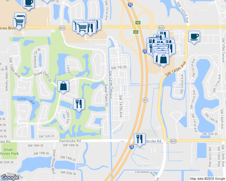 map of restaurants, bars, coffee shops, grocery stores, and more near 14701 Southwest 11th Street in Pembroke Pines