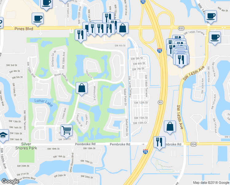 map of restaurants, bars, coffee shops, grocery stores, and more near 1100 Bel Aire Drive in Pembroke Pines