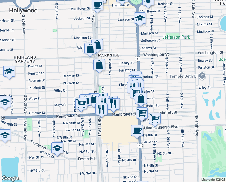 map of restaurants, bars, coffee shops, grocery stores, and more near 1955 Wiley Street in Hollywood