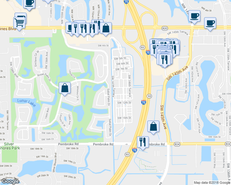 map of restaurants, bars, coffee shops, grocery stores, and more near 14701 Southwest 11th Street in Pembroke Pines