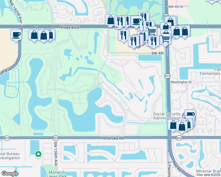 map of restaurants, bars, coffee shops, grocery stores, and more near 1000 Southwest 128th Terrace in Pembroke Pines