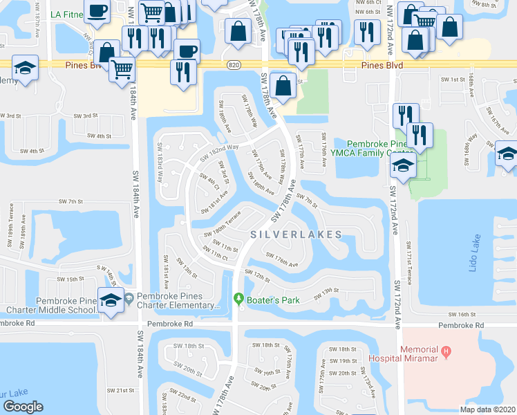 map of restaurants, bars, coffee shops, grocery stores, and more near 17907 Southwest 8th Street in Pembroke Pines