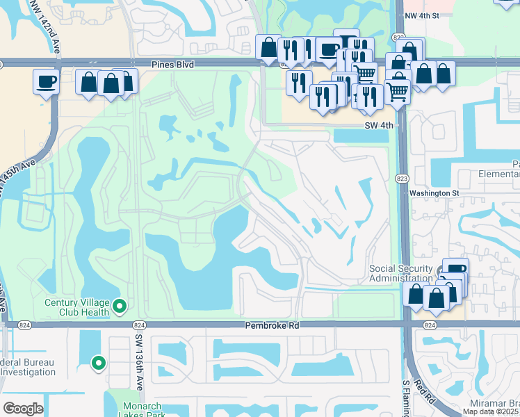 map of restaurants, bars, coffee shops, grocery stores, and more near 1000 Southwest 128th Terrace in Pembroke Pines