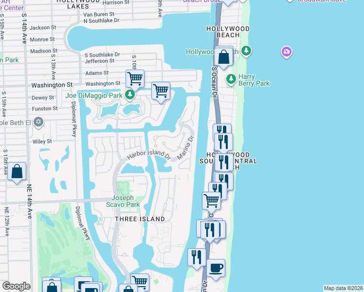 map of restaurants, bars, coffee shops, grocery stores, and more near 846 Spinnaker Drive East in Hollywood