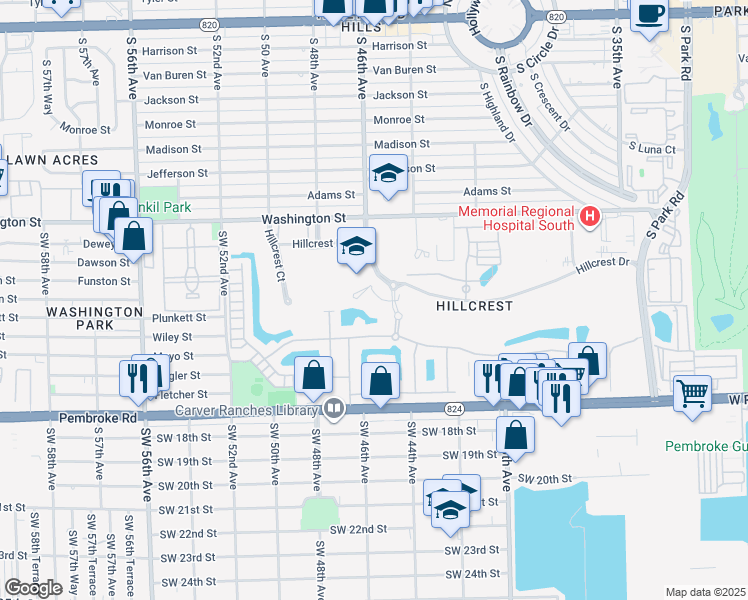 map of restaurants, bars, coffee shops, grocery stores, and more near 4600 Hillcrest Drive in Hollywood