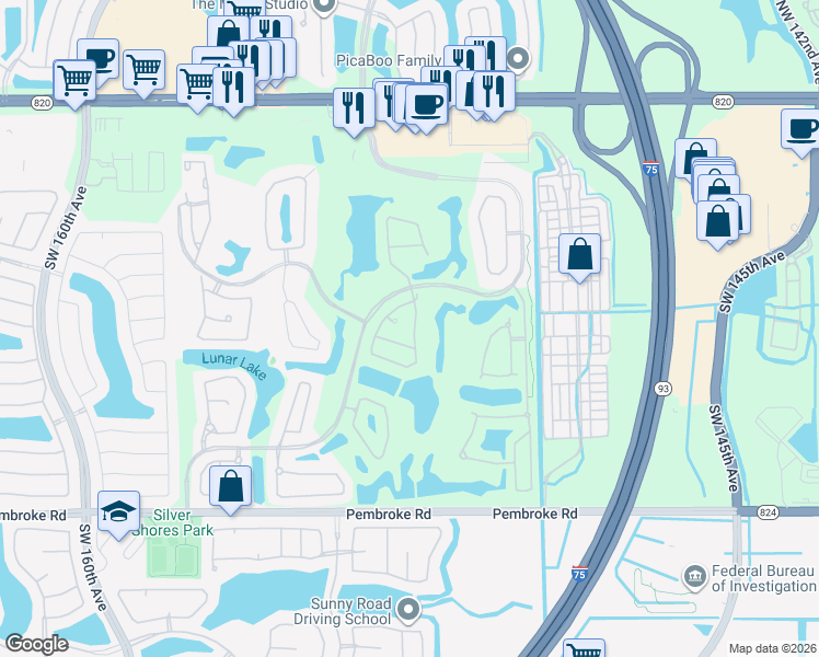 map of restaurants, bars, coffee shops, grocery stores, and more near 1190 Southwest 153rd Terrace in Pembroke Pines