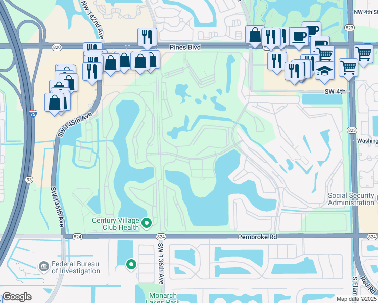 map of restaurants, bars, coffee shops, grocery stores, and more near 13455 Southwest 9th Court in Pembroke Pines