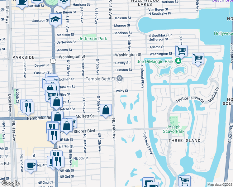 map of restaurants, bars, coffee shops, grocery stores, and more near 1431 South 14th Avenue in Hollywood