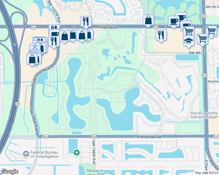 map of restaurants, bars, coffee shops, grocery stores, and more near 13455 Southwest 9th Court in Pembroke Pines