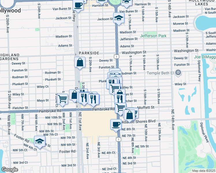 map of restaurants, bars, coffee shops, grocery stores, and more near 1817 Wiley Street in Hollywood